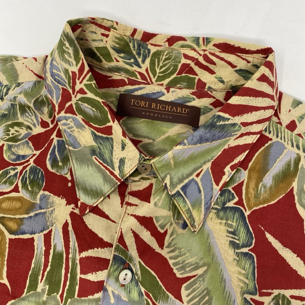 Tori Richard Shirt Mens L Red Tropical Botanical Cotton Lawn Made in Hawaii USA